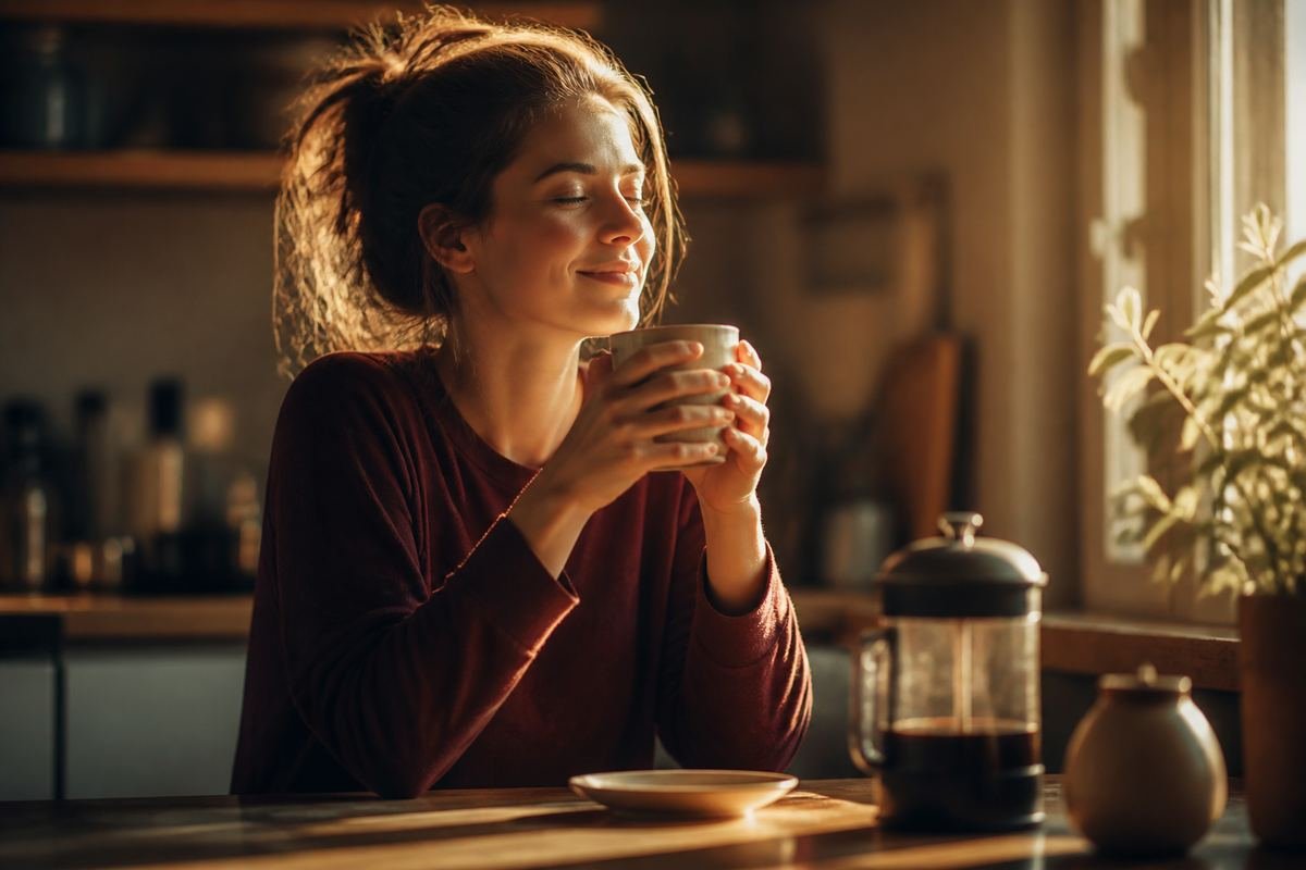 Person genießt morgens eine Tasse Kaffee im warmen Sonnenlicht — Beispielszene für ein Drehbuch