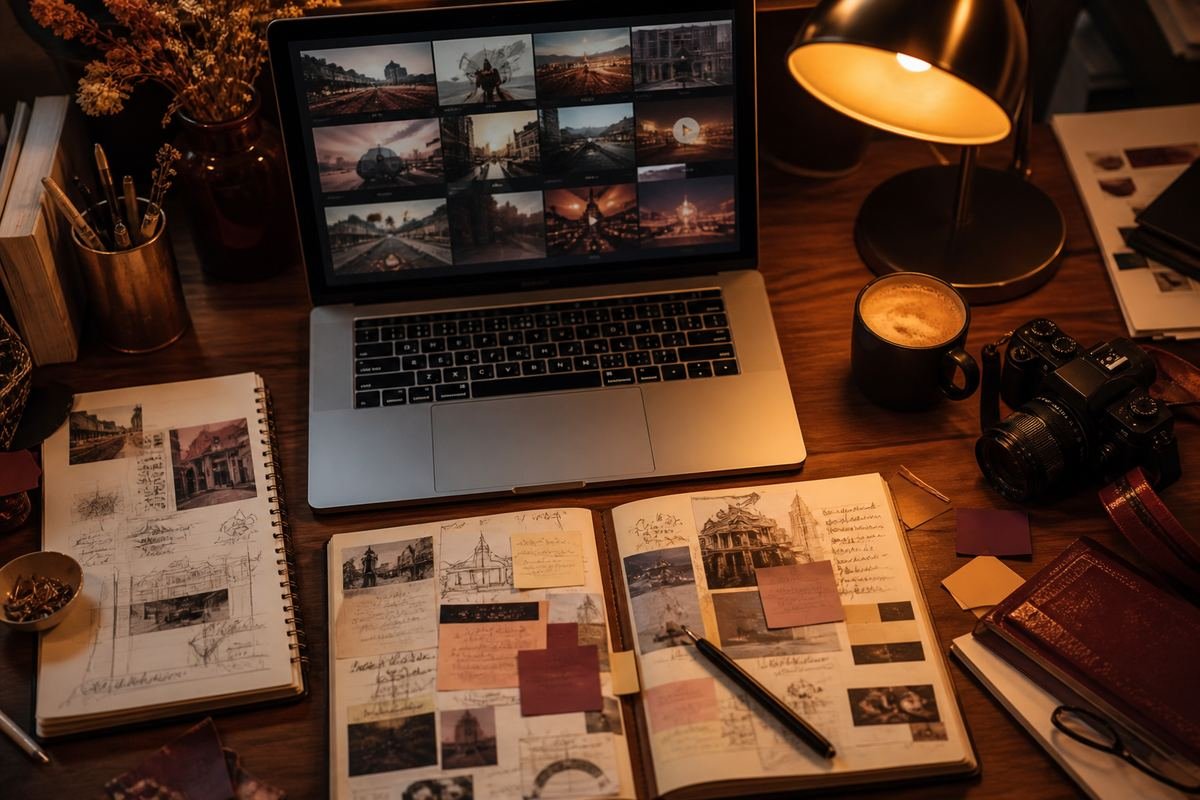 Kreativer Schreibtisch mit Mood-Board zur Ideenfindung
