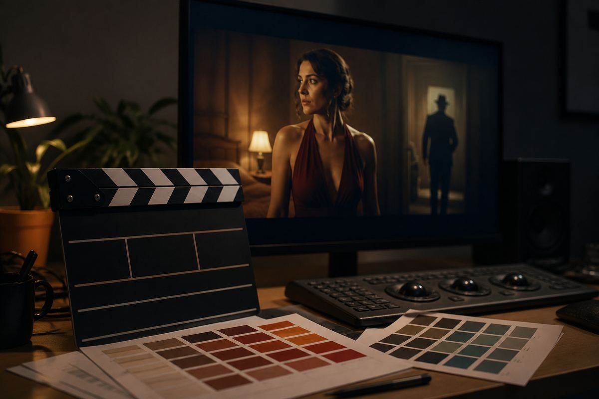 Filmklappe, Farbpaletten und ein Monitor mit einem cineastischen Filmstill als Inspirationsquelle